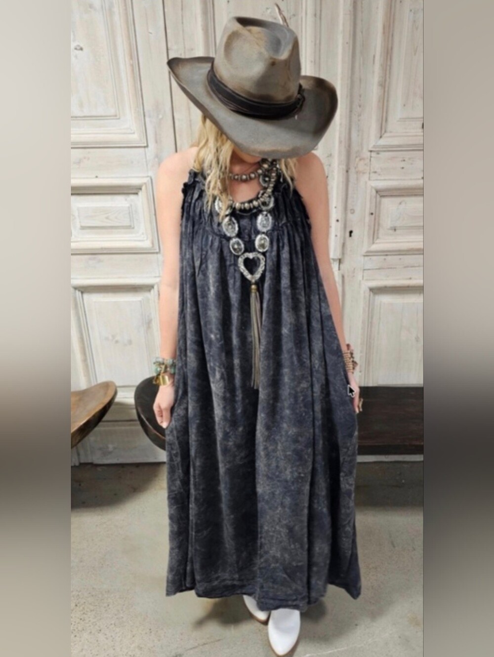 A RARE Bird Boho Washed Black Maxi Dress with Pleated Yoke